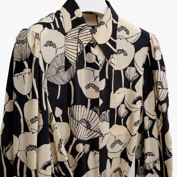 Gucci Black and White Floral Silk Blouse - Picture 5 of 16